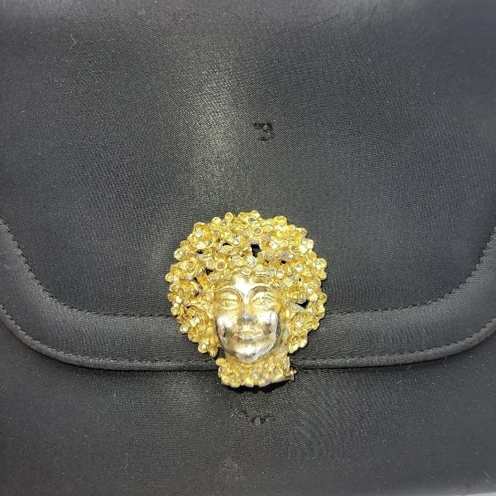 VTG Miss Lewis Black Satin Evening Clutch with Ornate Gold Face Medallion